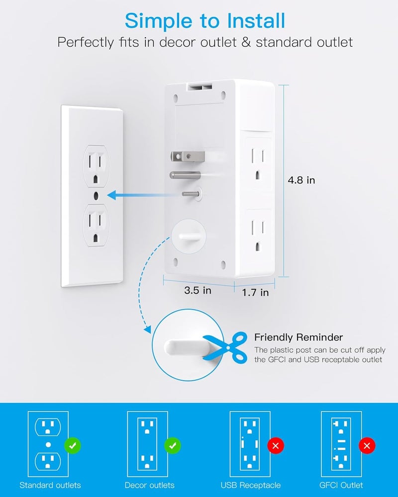 One Beat Multi Plug Outlet, Surge Protector, 5 Outlet Extender with 4 USB Ports (2 USB-C), PD 20W Wall Charger, 3-Sided 1800J Power Strip Outlets Splitter Wall Plug Adapter Spaced for Home Office, White - Image 5